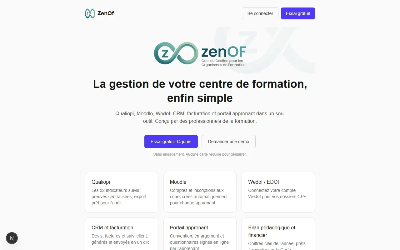 Démonstration animée de ZenOf : tableau de bord, sessions, Qualiopi, conventions et espace apprenant